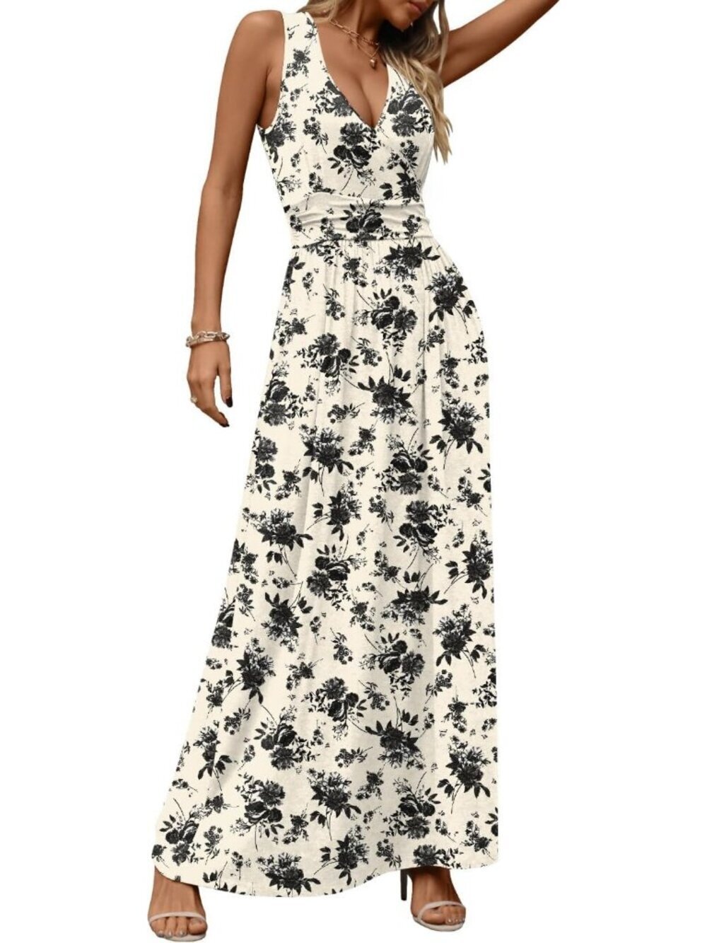 Women's Ink Rose Sleeveless Summer Casual Formal Long Pockets Maxi Dress - Picture 3 of 6